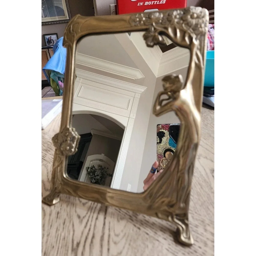 Vintage Lady Mirror Art Deco Nouveau Brass Vanity Table Top Mirror 9.5X12 Flower